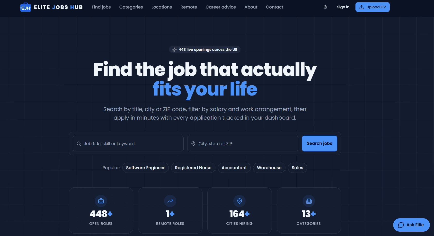 Elite Jobs Hub homepage with job title and location search