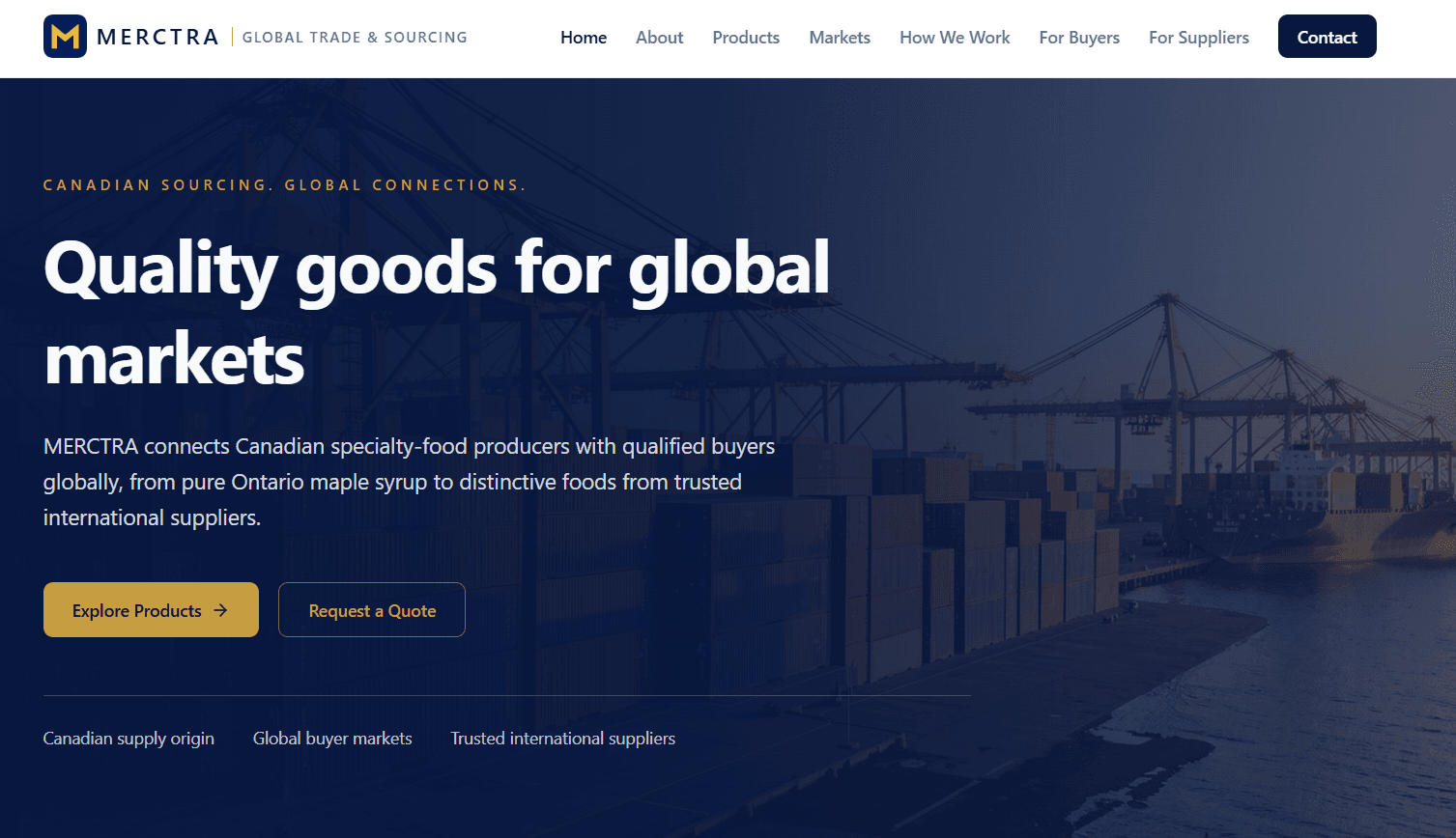 Merctra homepage presenting Canadian specialty food sourcing and global trade