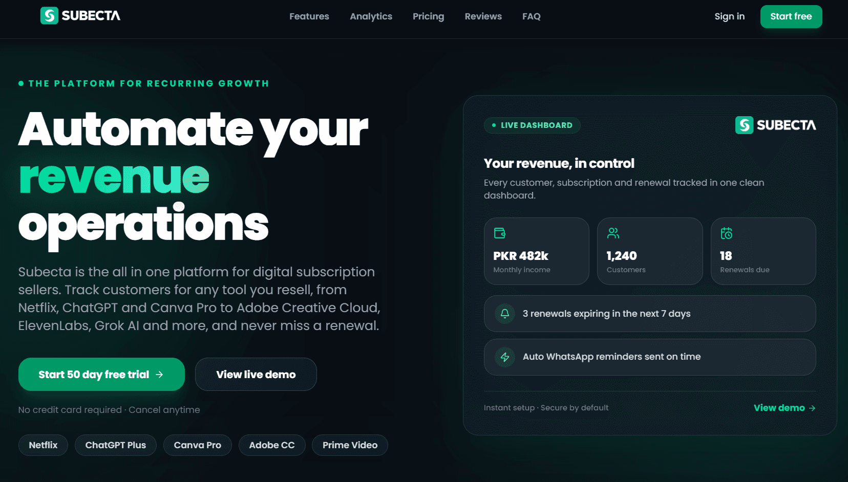 Subecta homepage with a subscription dashboard and renewal reminders